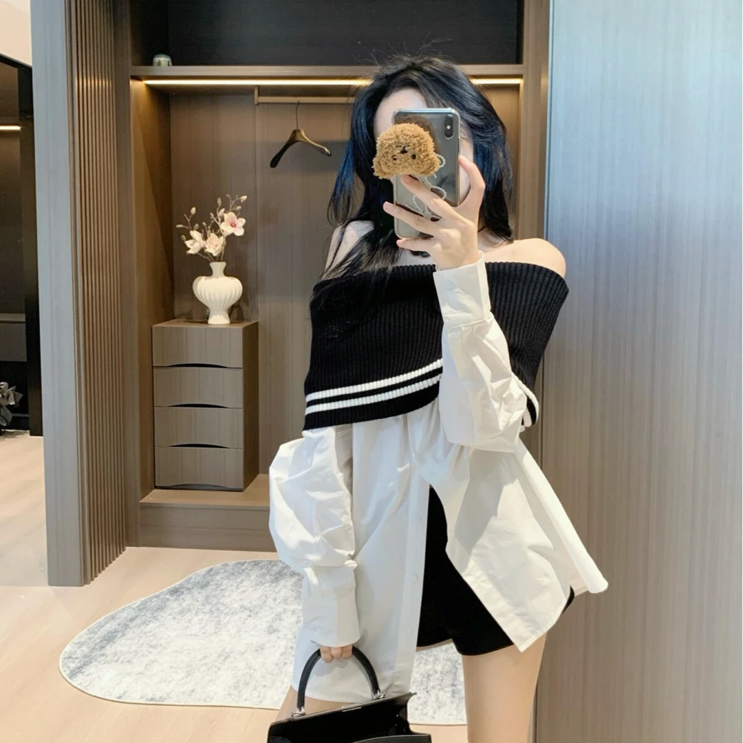 一字肩衬衫女2025早秋轻奢高级感今年流行的漂亮小衫法式小众衬衣