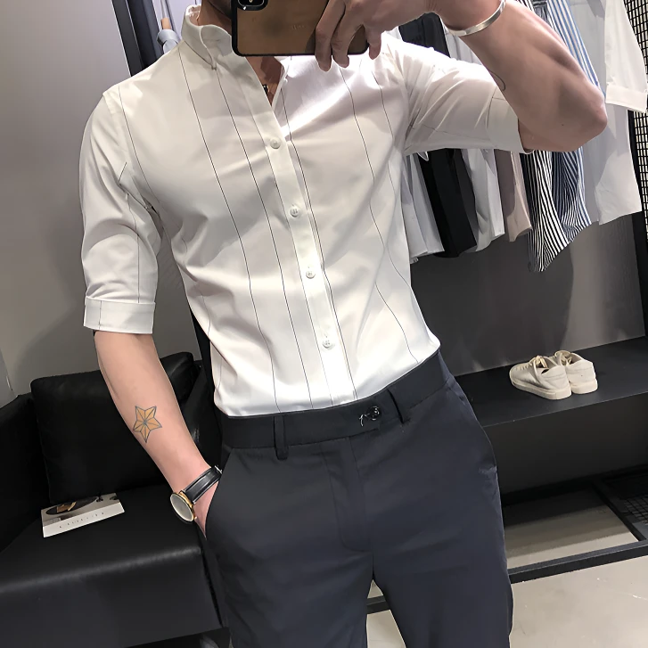无痕免烫七分袖男衬衫夏季薄款潮流发型师痞帅修身百搭白色衬衣服