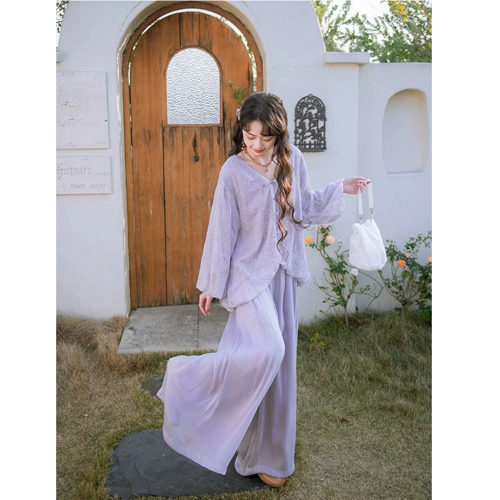 【采薇】8234 梦幻温柔花苞上衣 显瘦遮肉阔腿裤 国风套装两件套