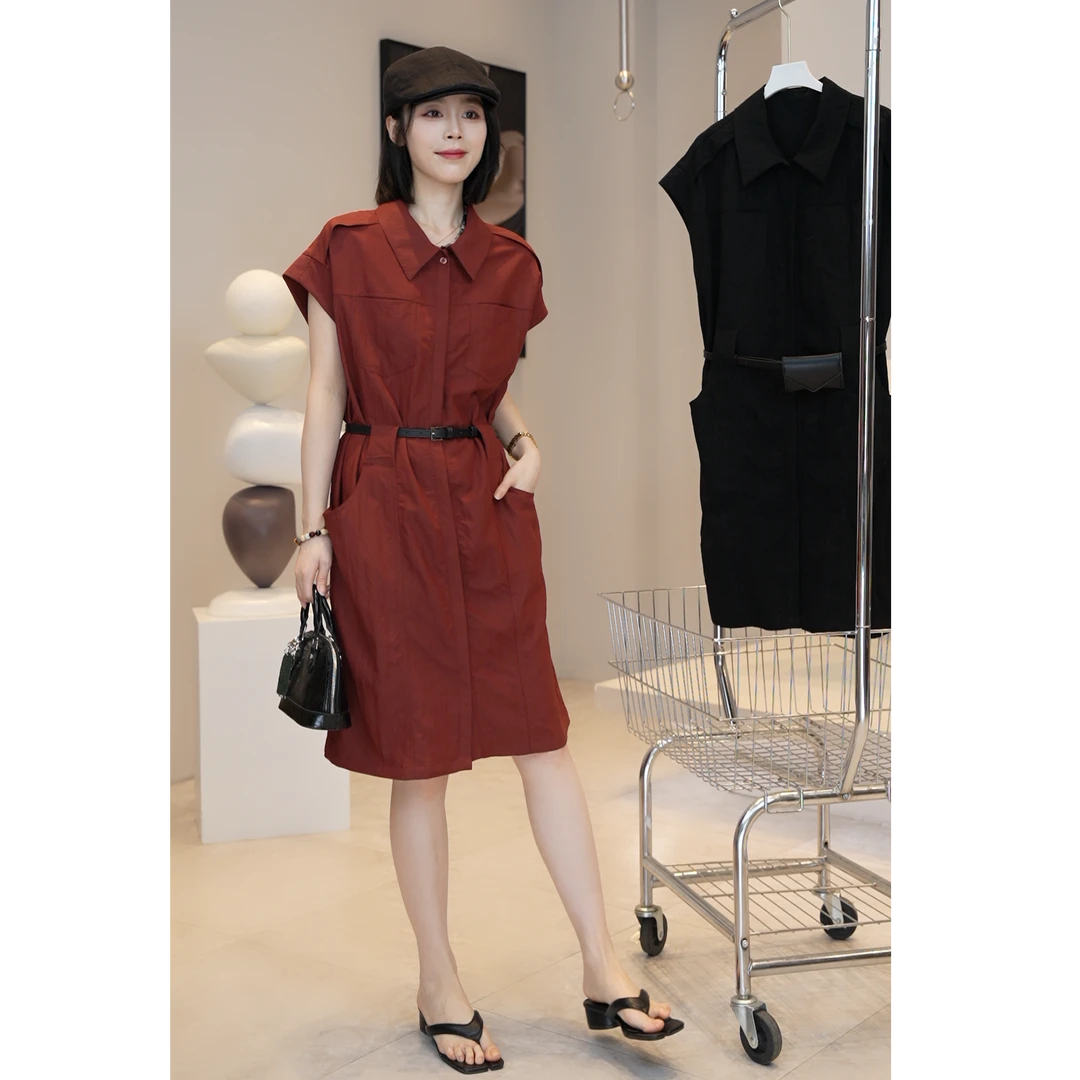 现货【YUE YUE】夏季新款气质小众休闲高腰正肩小A裙摆连衣裙D557