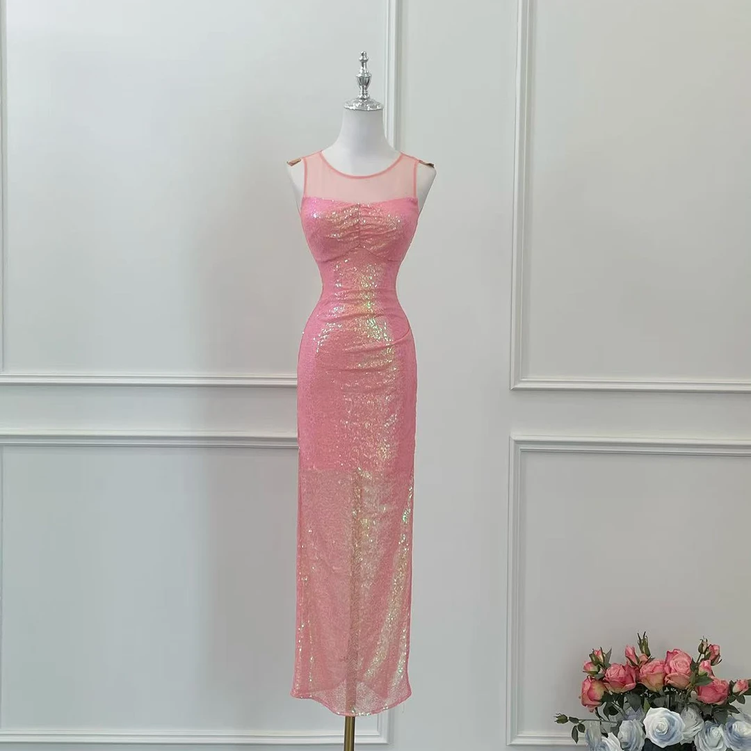 BECHARMING「叛逆芭比」时尚气质缎面拼接网纱显瘦连衣裙Q0958