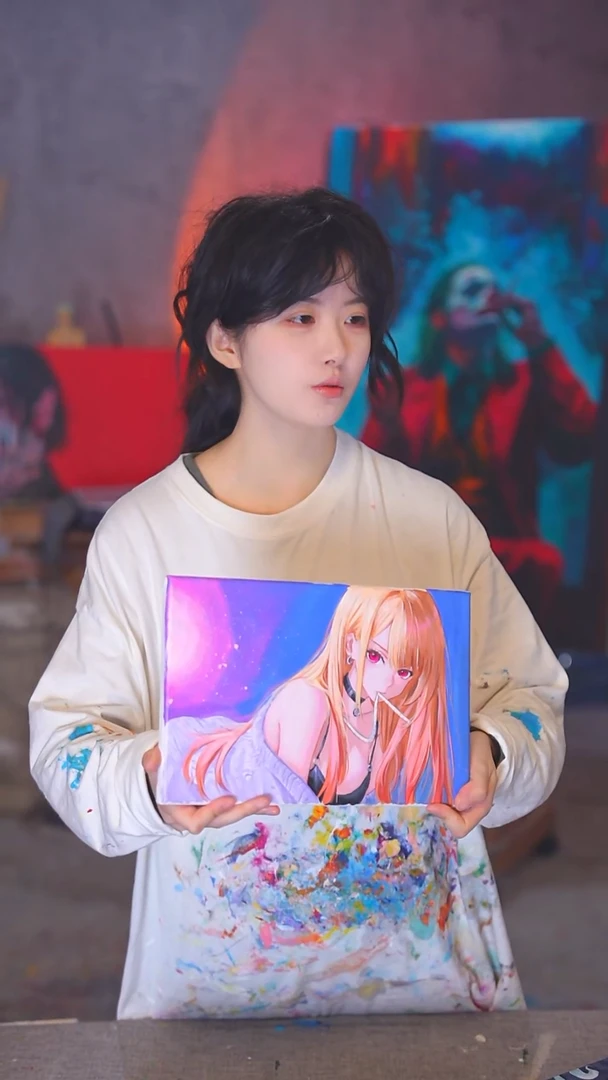 油画中****粉薇尔莉特丙烯画纯手绘