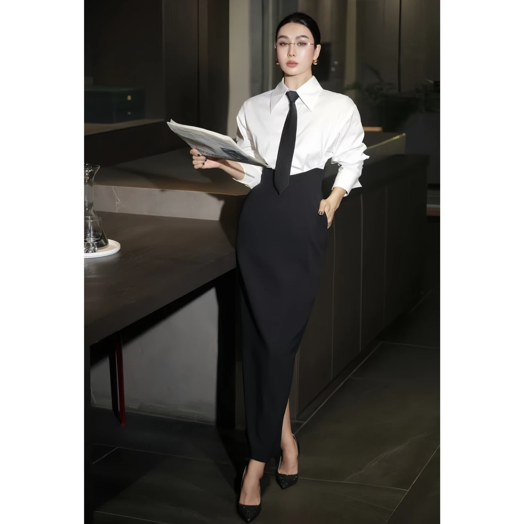 ZEROYK高级感职业裙2025秋冬新款黑白撞色领带简约大气通勤连衣裙