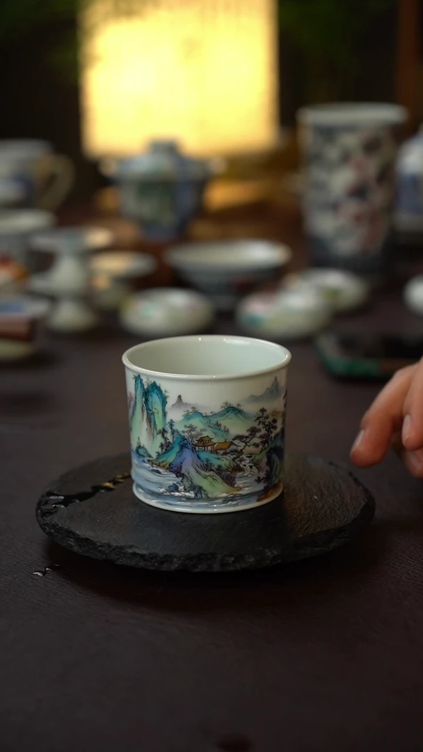 王钢全手工手绘紫彩山水容天杯