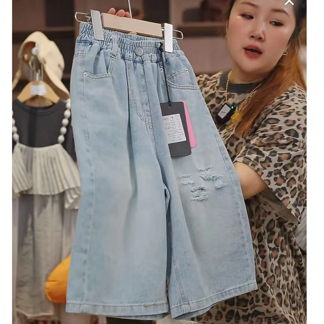 505609 韩版儿童新款夏款时尚洋气百搭破洞牛仔中裤七分裤