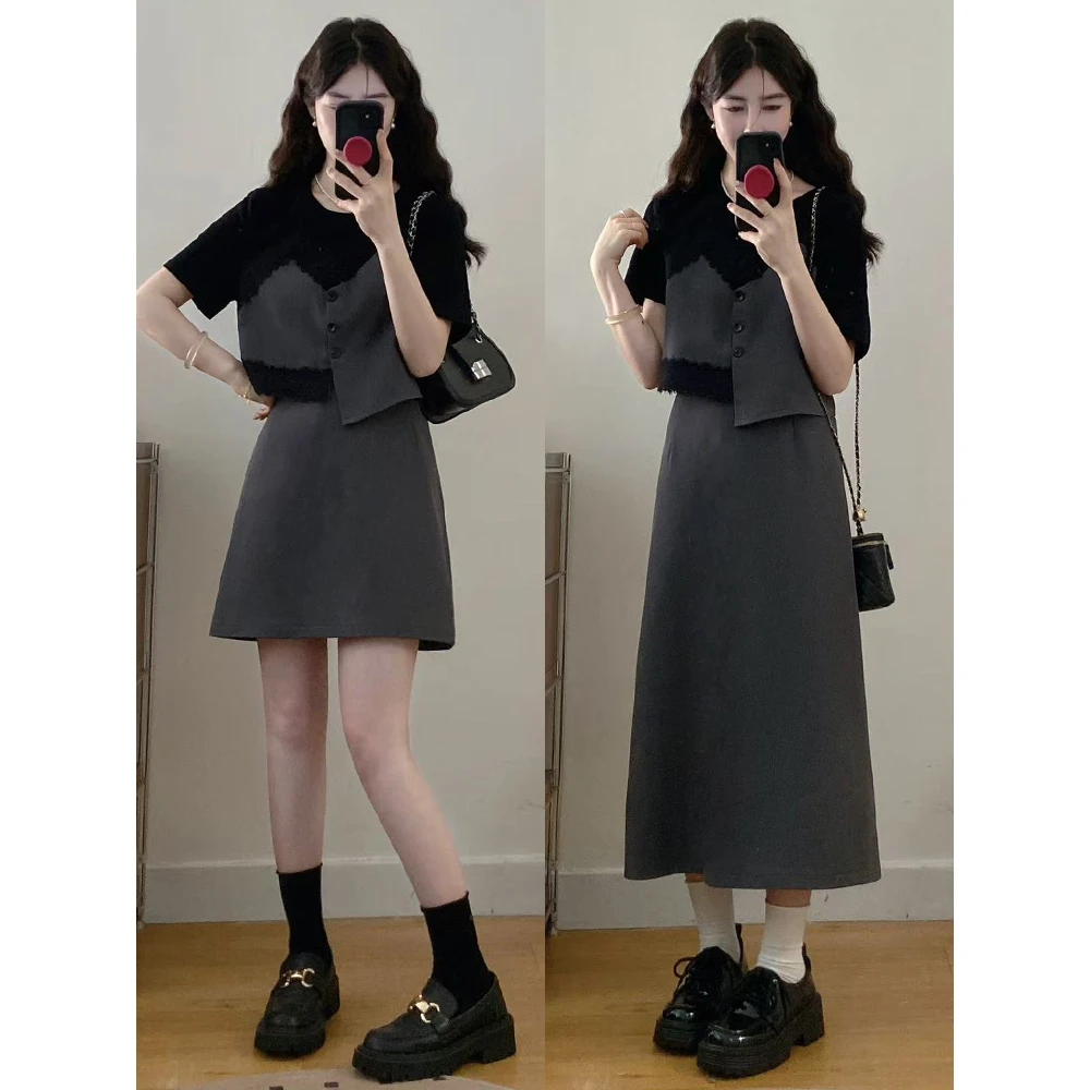 大码女装胖mm新款假两件蕾丝拼接上衣+长短半身裙两件套