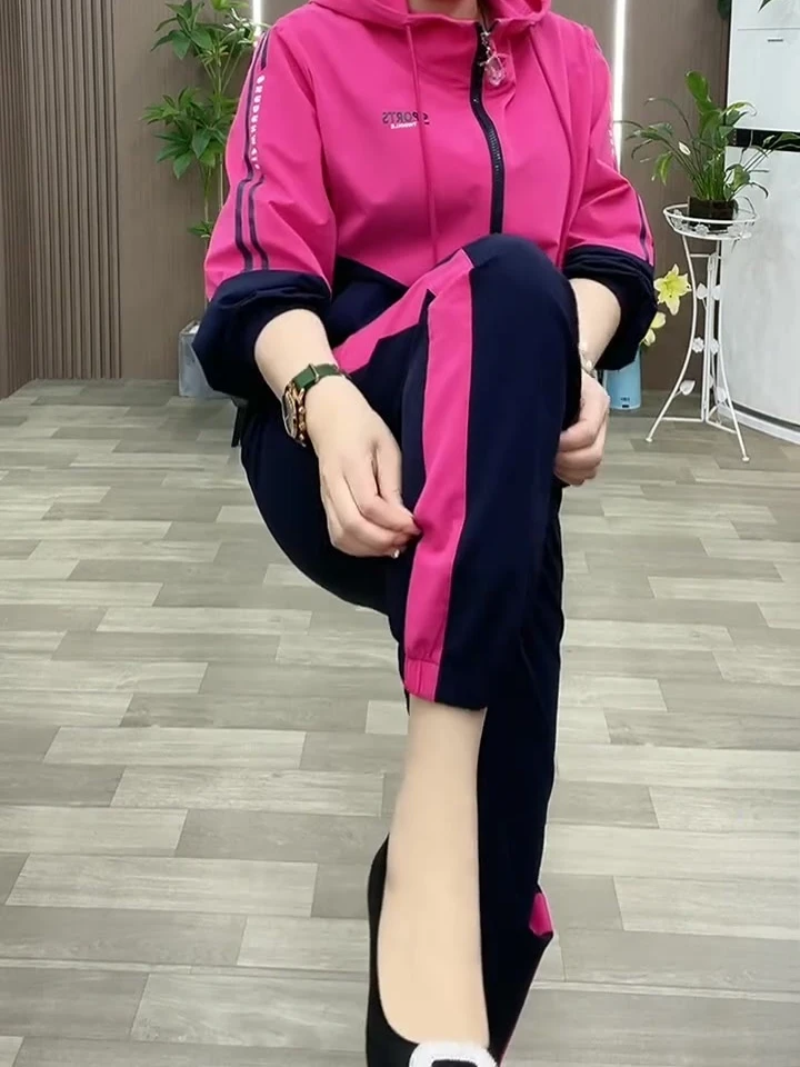 连帽速干两件套装女新款时尚防晒上衣长袖拉链裤子休闲运动装显瘦