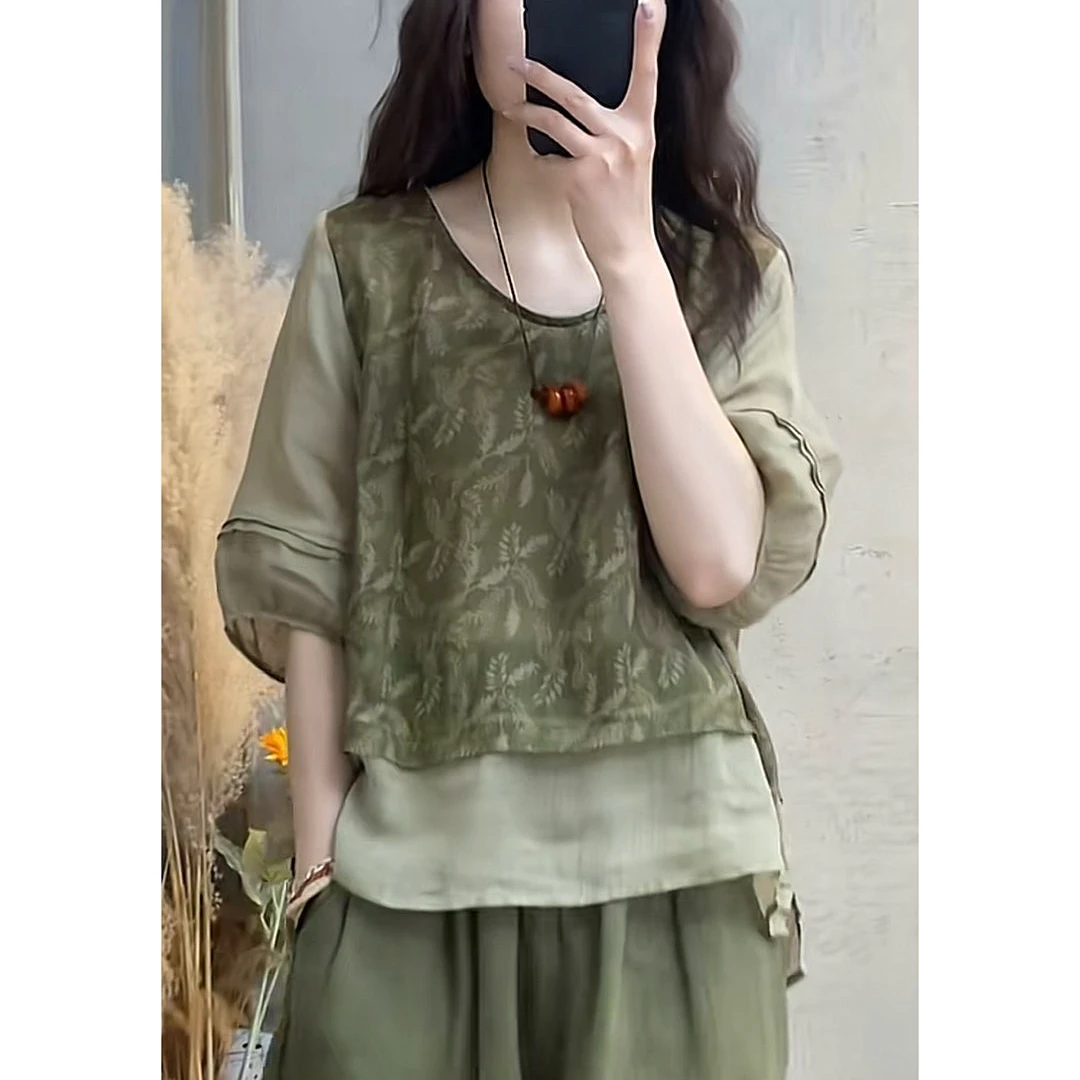 2025时尚上衣女夏季新款印花拼接假两件上衣