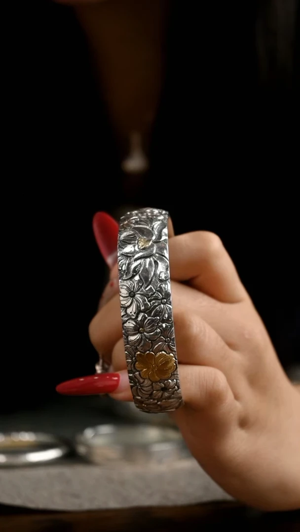 嵌金繁花纯银手镯 圈口62