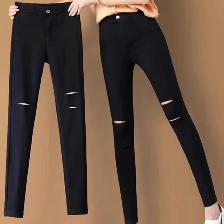 大码黑色梨形身材高腰时尚百搭显瘦破洞弹力小黑裤