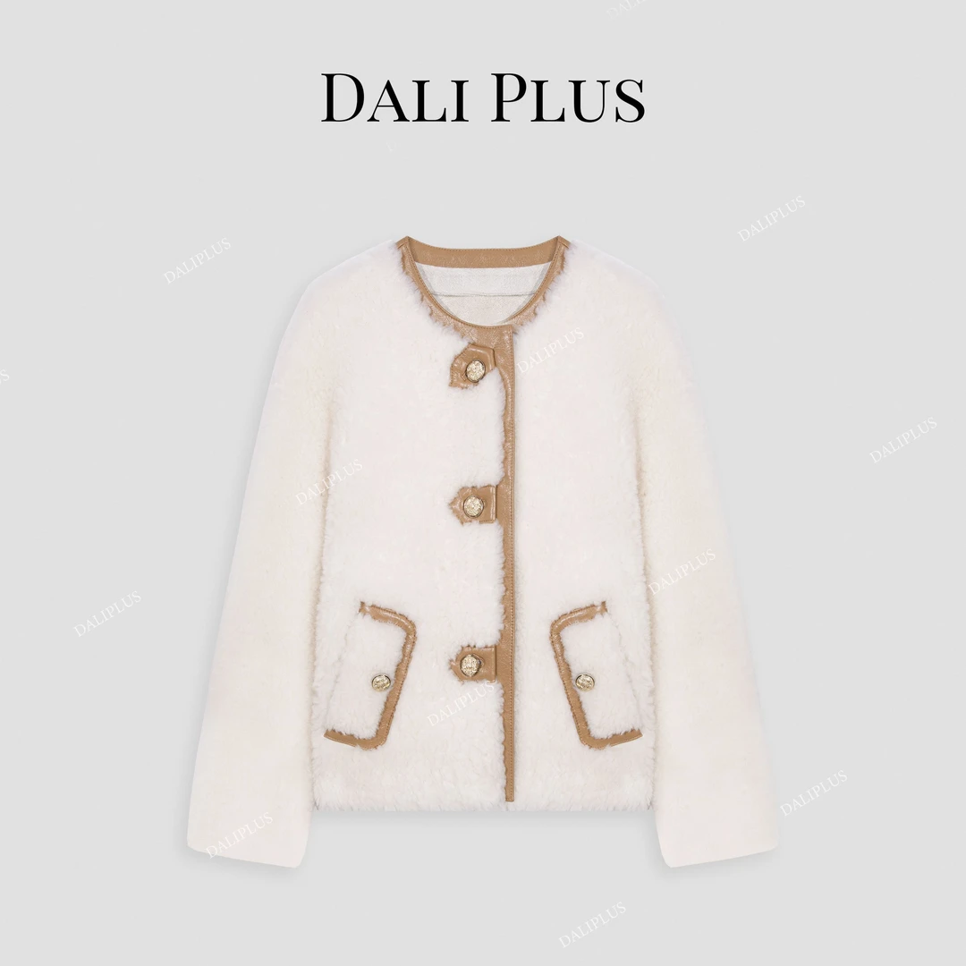 DALI PLUS重磅100%全羊毛 撞色拼皮颗粒毛外套-D4CH0088