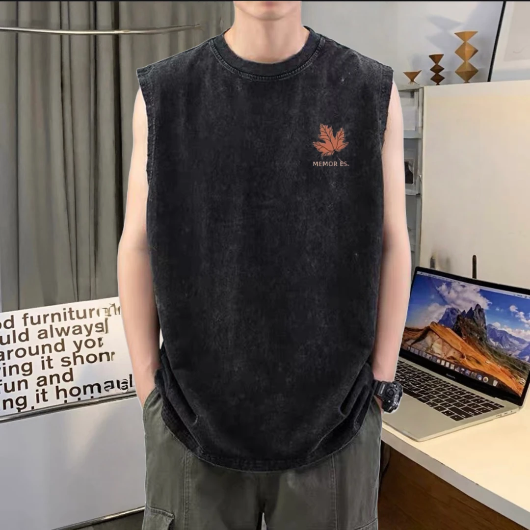 水洗做旧纯棉夏季背心男简约百搭无袖T恤潮牌休闲简约宽松打底衫