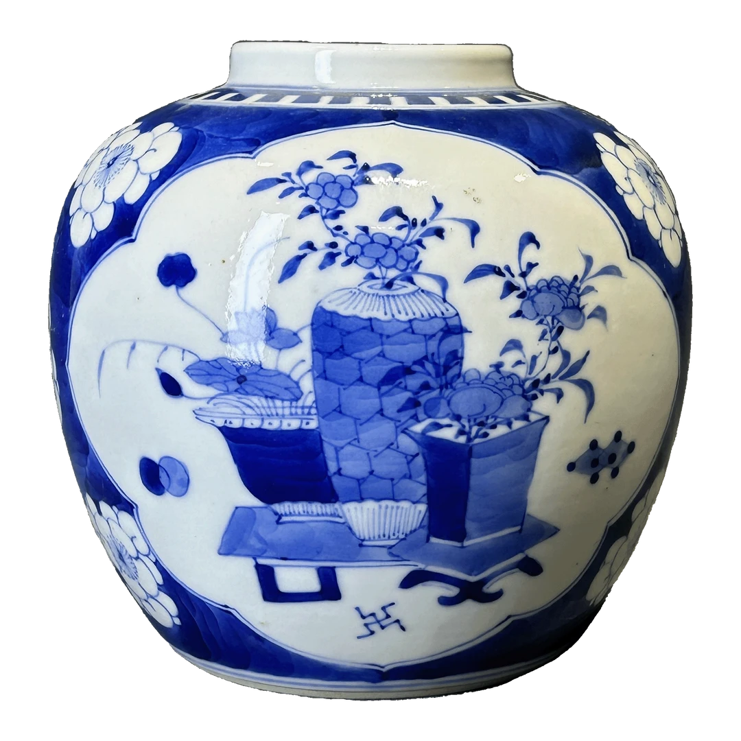 25082702x青花开窗花卉纹罐