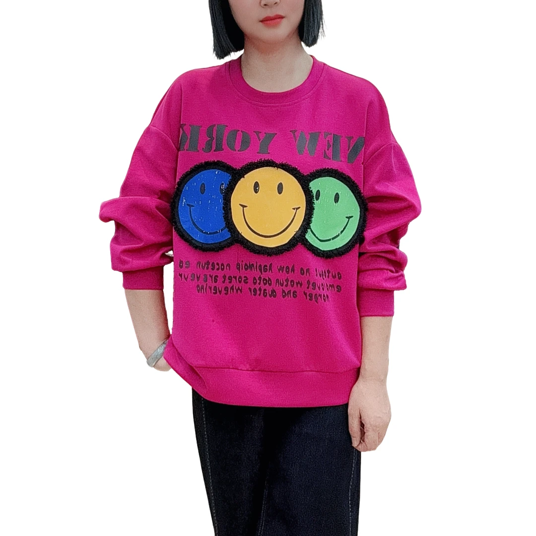【洋玉服饰】印花撞色贴布女卫衣秋季不起球卡通女圆领休闲卫衣