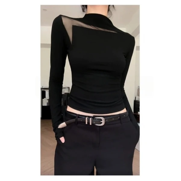 简约镂空网纱小众设计黑色长袖t恤女秋季修身显瘦纯欲感百搭上衣