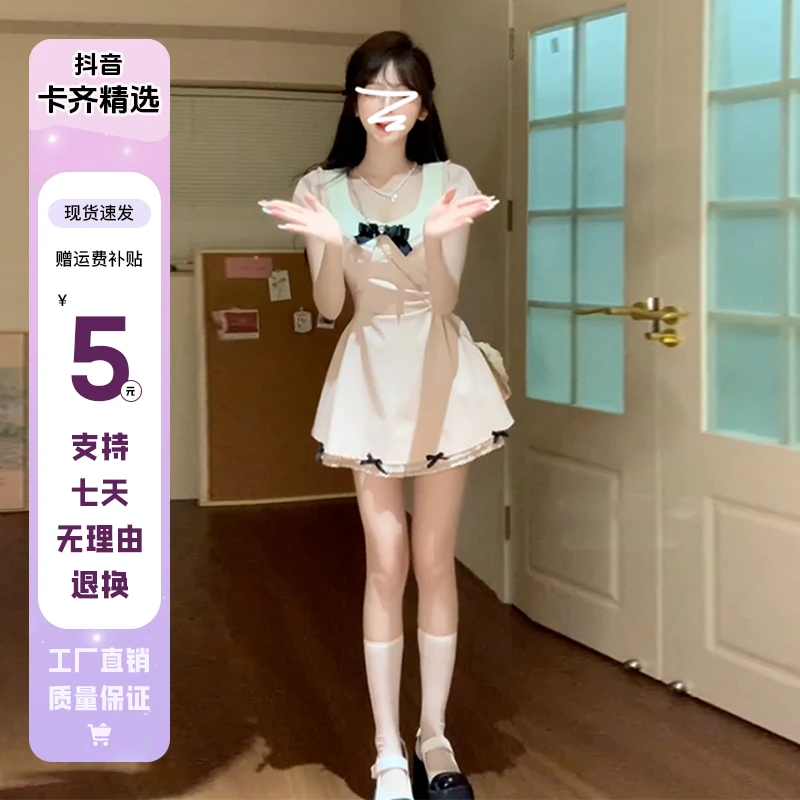 4350法式气质连衣裙夏季新款蝴蝶结设计感小众蓬蓬裙甜辣短裙