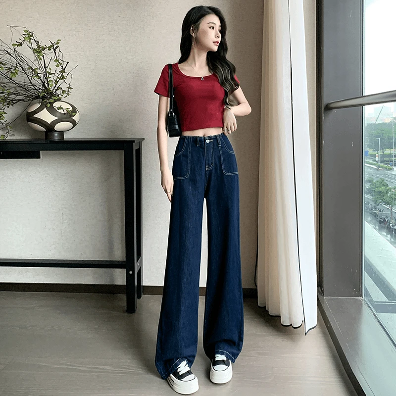 2025小个子夏季时尚薄款高腰显瘦百搭宽松设计感垂感微喇牛仔裤