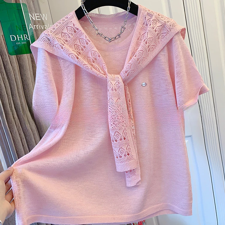 新款韩版大码洋气宽松蕾丝披肩冰丝针织衫短袖上衣两件套女夏季