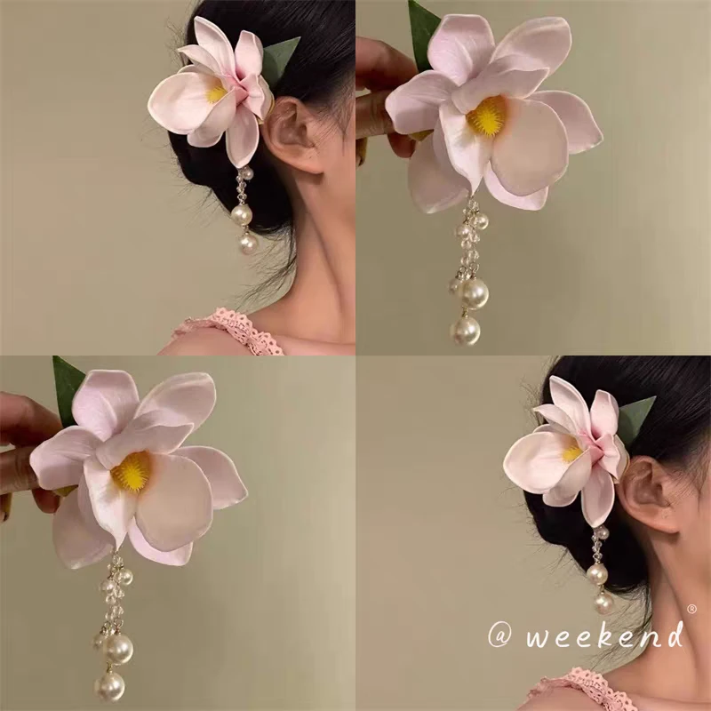 粉色玉兰花珍珠流苏发夹新中式温柔高级感春季新款夹子头饰发夹女