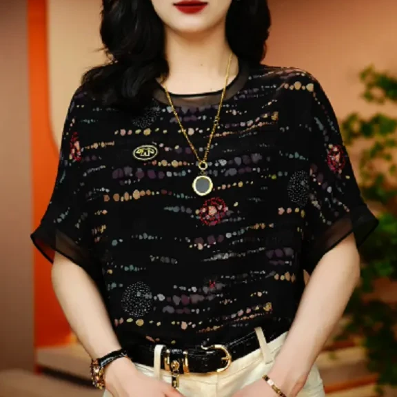 2025新款抽象炫彩夏季新款高级感洋气时尚百搭显瘦短袖圆领上衣