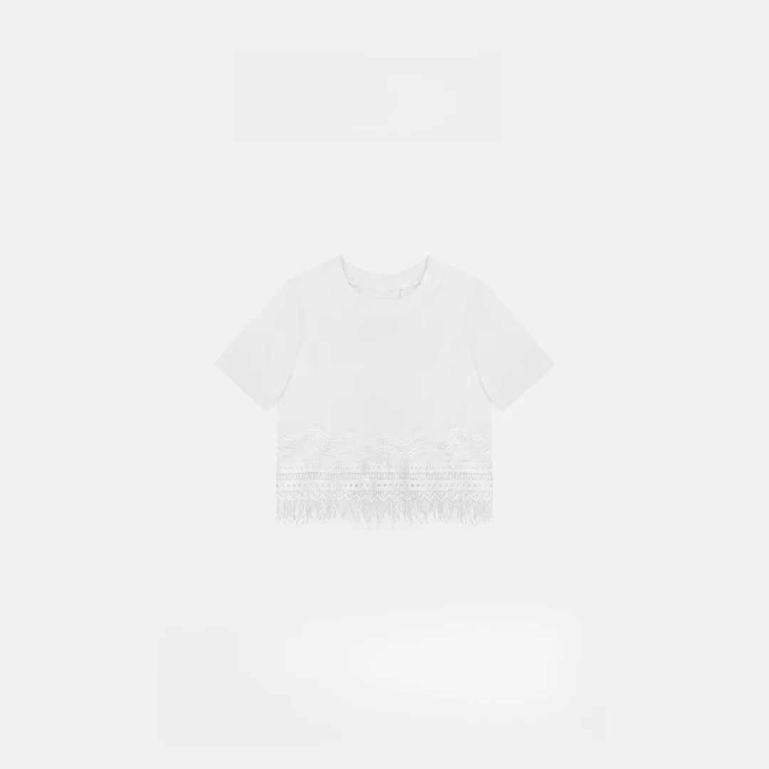 杰瑞【风吹麦浪】棉麻拼接蕾丝流苏显瘦圆领上衣夏季宽松显瘦上衣