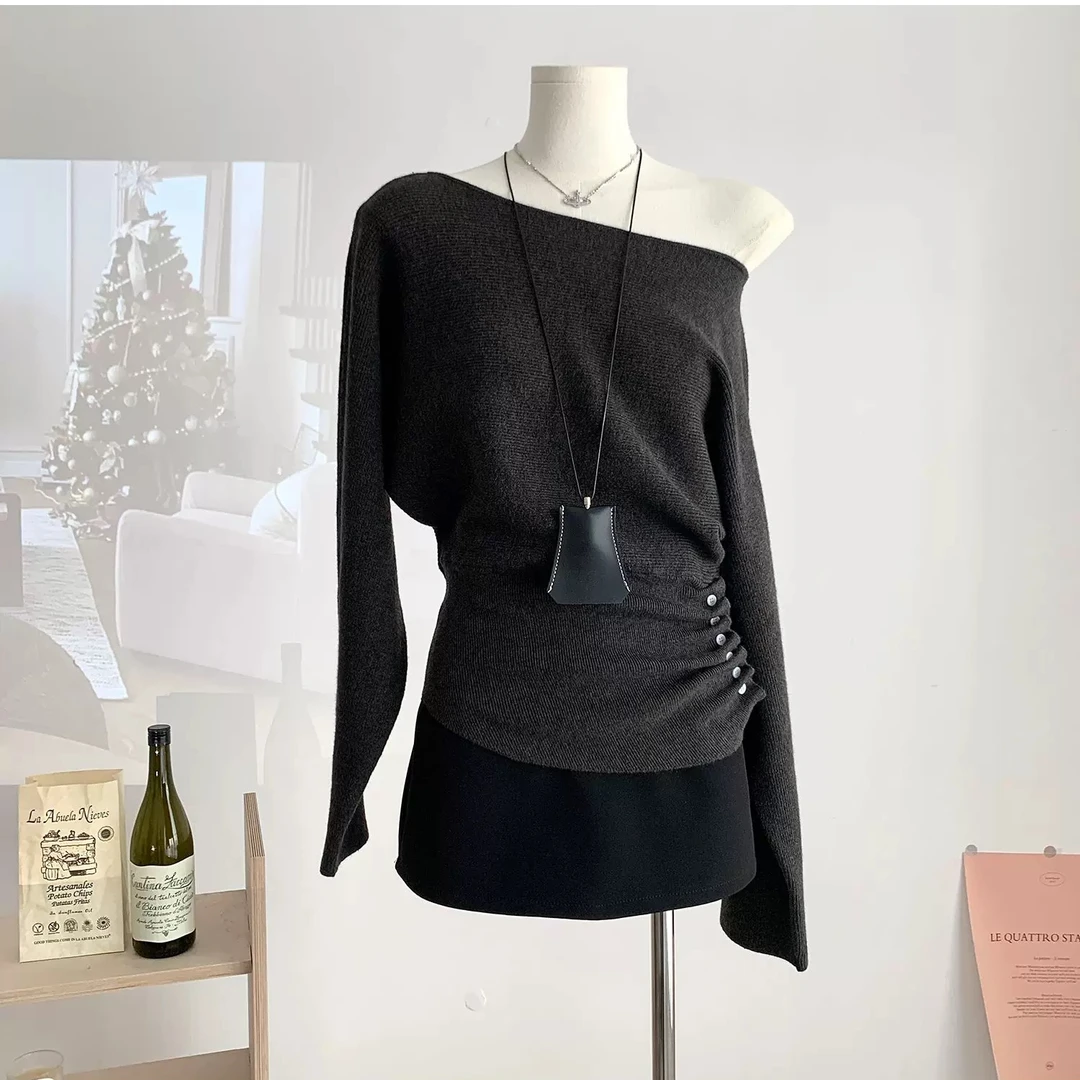 一字肩设计感针织衫女不规则修身上衣