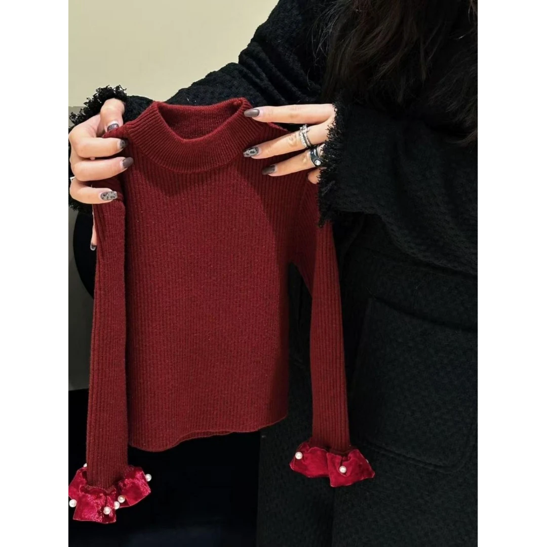 女童2025秋冬新款高领毛衣中领套头时尚加厚洋气安可拉新年色毛衣