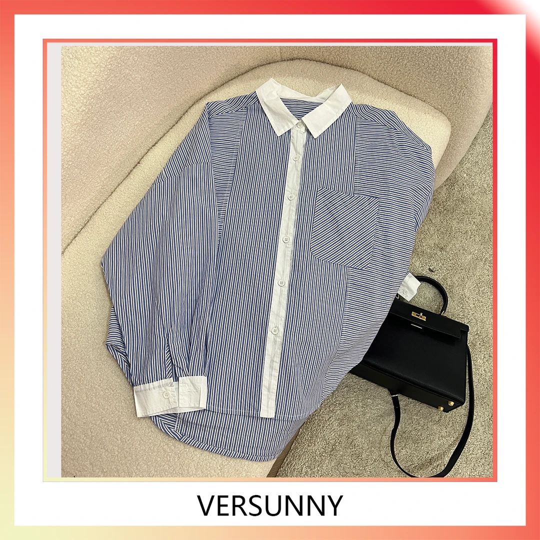 (5890)全棉春款拼接洋气韩版宽松百搭条纹衬衫