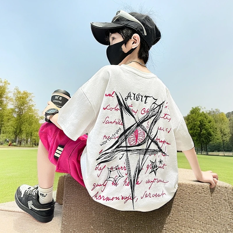 【CCXKids】2025夏季休闲印花中大童潮流出街潮五角星工装短袖套装
