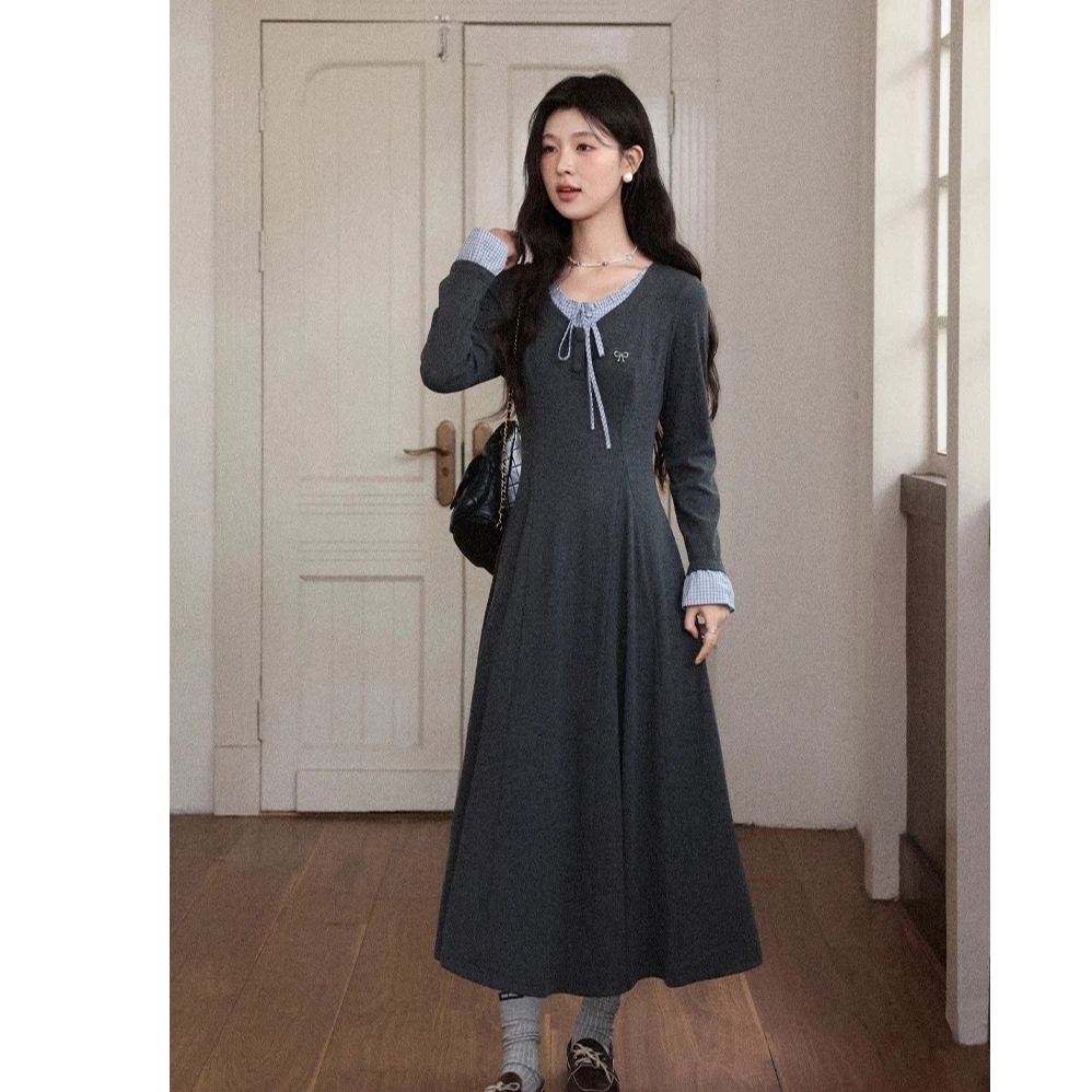 鹿向南「雾蓝诗集」法式灰色长袖连衣裙女早秋高级气质收腰长裙子