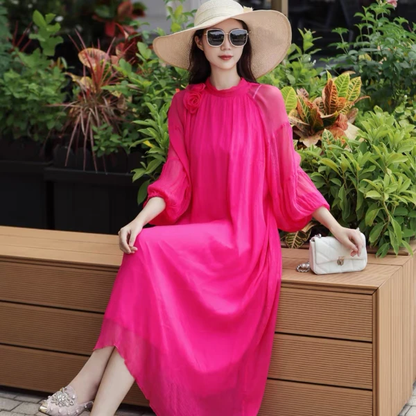 拜占庭的森林桑蚕丝连衣裙时尚减龄玫红色女人味宽松显瘦气质长裙