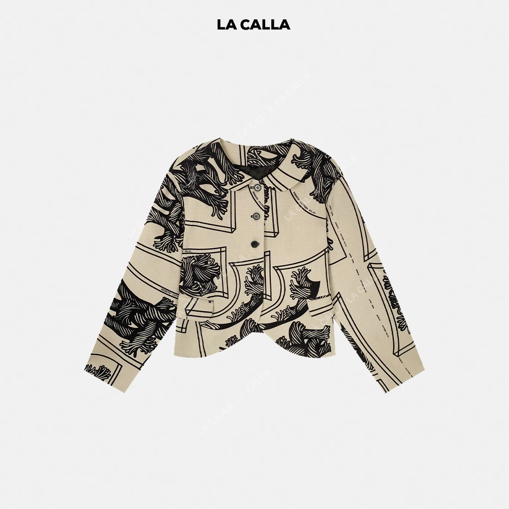 LA CALLA扭结娃领花色设计师时尚满印经典外套L51-1747