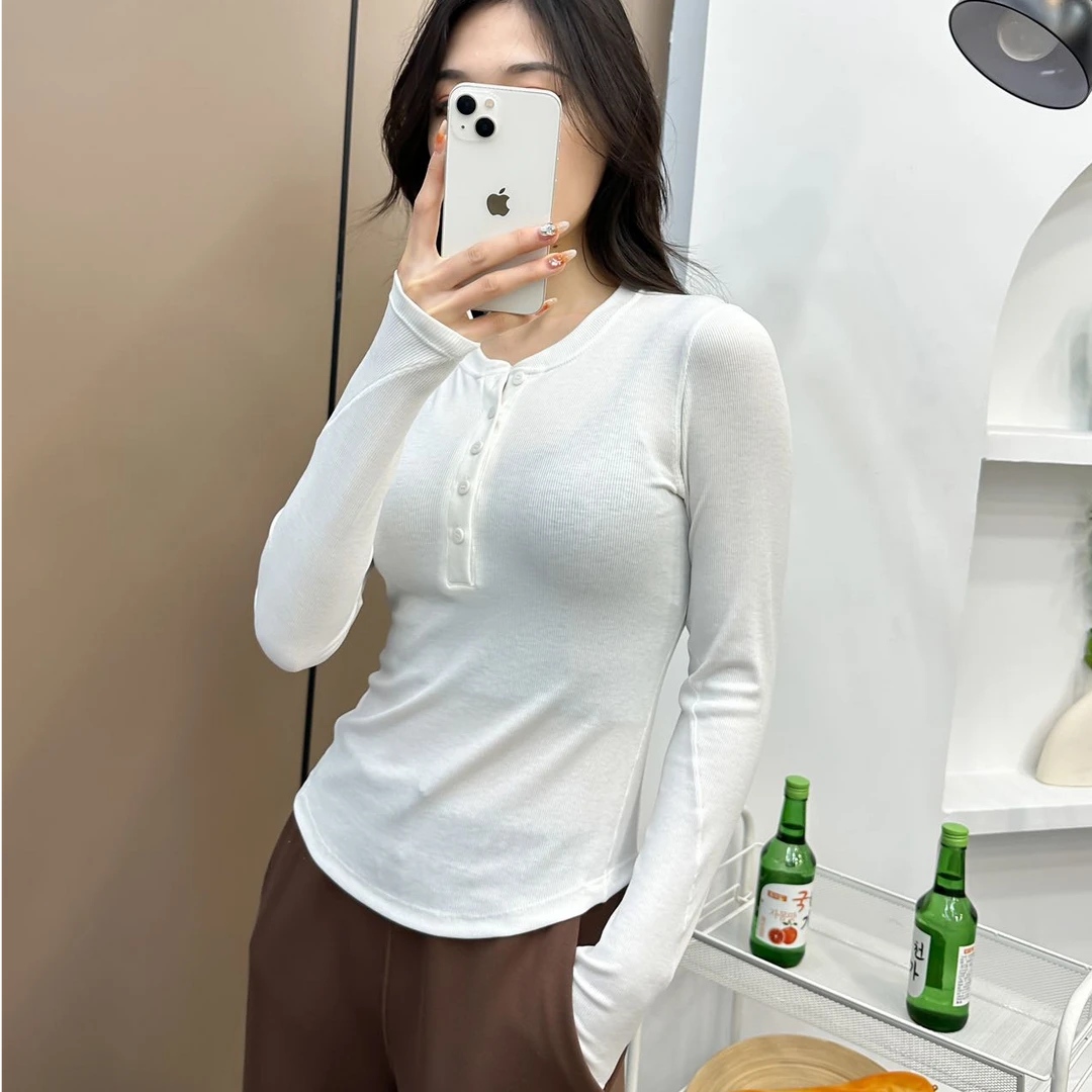 半门襟纽扣修身显瘦亨利衫罗纹高弹打底上衣女士瑜伽长袖T恤