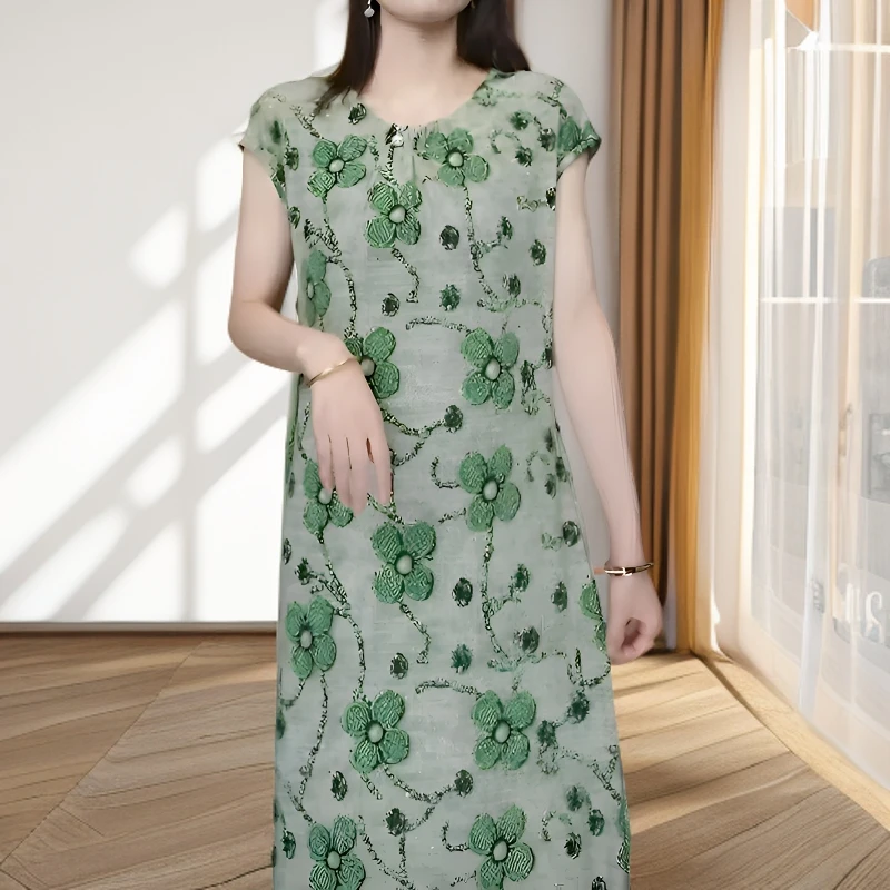 宽松腰圆领夏季植物花卉连衣裙复古裙子显瘦气质时尚绿色国风印花