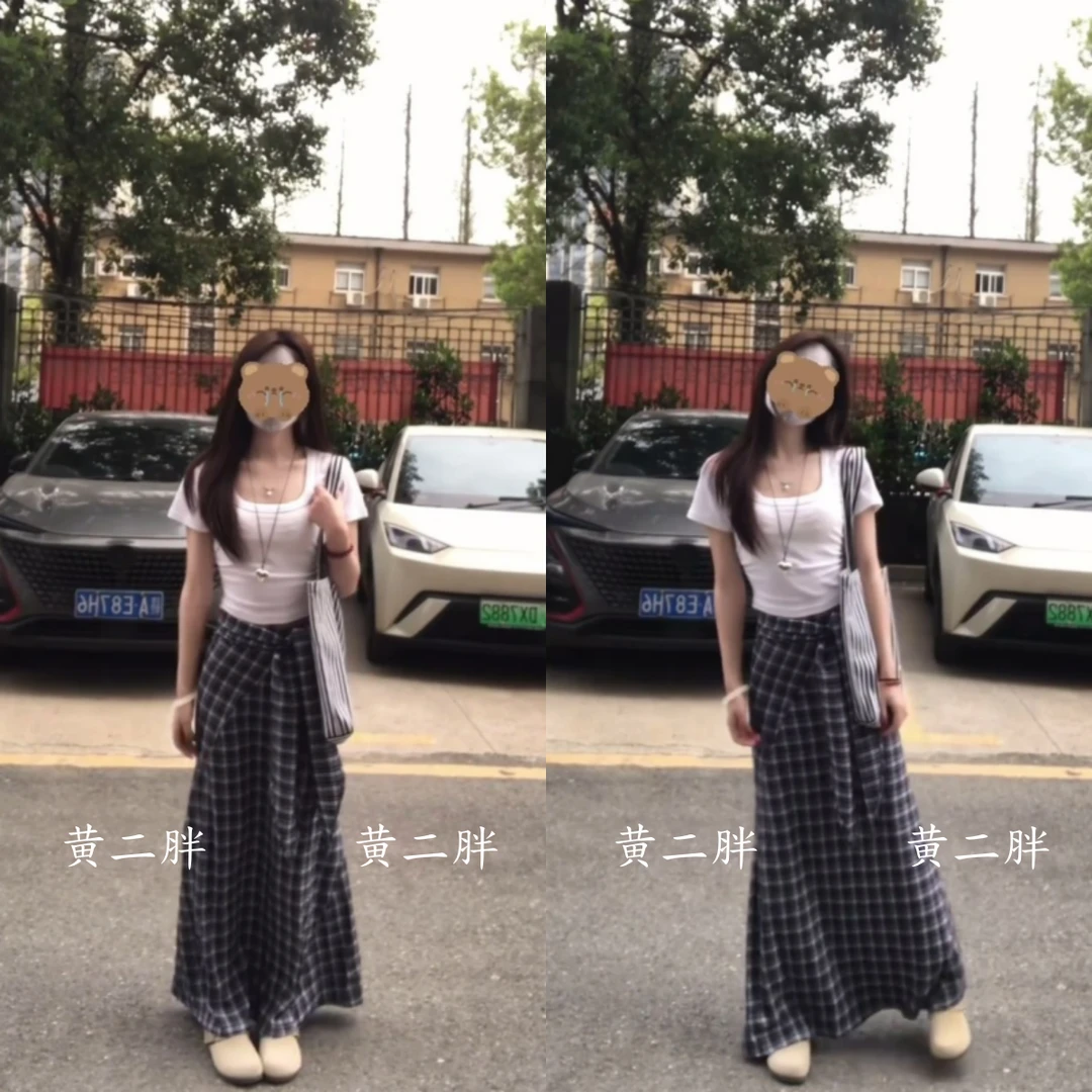 白色方领短袖T恤女复古格纹系带显瘦半身裙套装2025夏季新款上衣