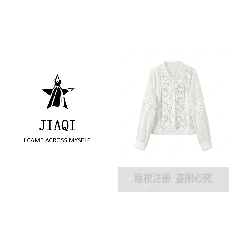 【佳琪高奢】时尚百搭慵懒风刺绣优雅长袖提花蕾丝纯色衬衫-5368961
