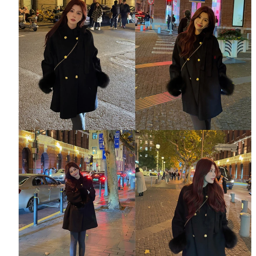 YPP!【小富婆】手袖真狐狸毛 90羊毛大衣秋冬金扣蝴蝶结羊毛大衣