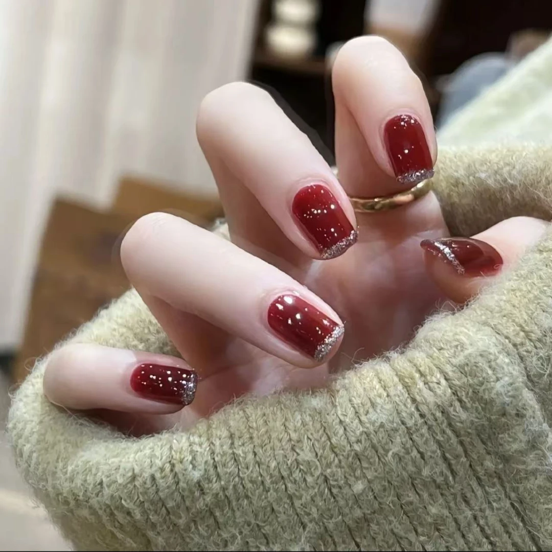 【朱砂金箔梦】短款酒红银边碎闪显白高级纯欲风穿戴甲