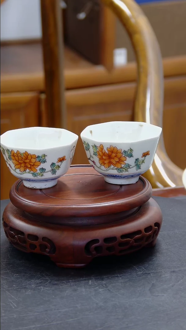 杯粉彩花鸟纹八方杯一对#685#