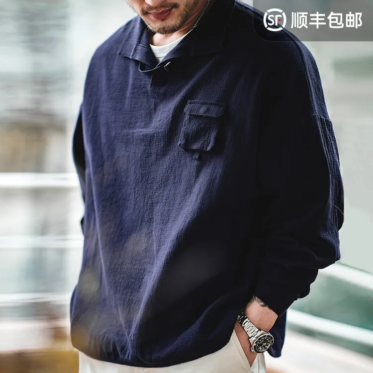 马登工装 美式复古肌理感polo衬衫廓形宽松全棉翻领长袖衬衣男春