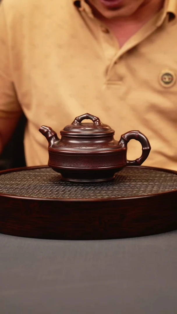 茶壶紫砂古红泥 双线竹鼓 刻绘