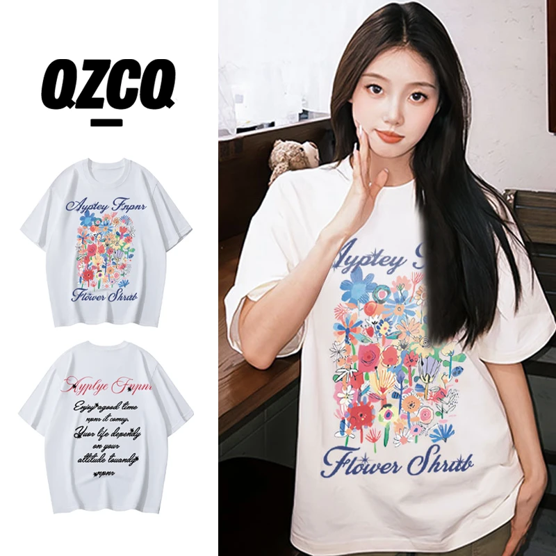 QZCQ美式复古休闲宽松小众百搭夏季短袖女T恤慵懒设计潮上衣圆领