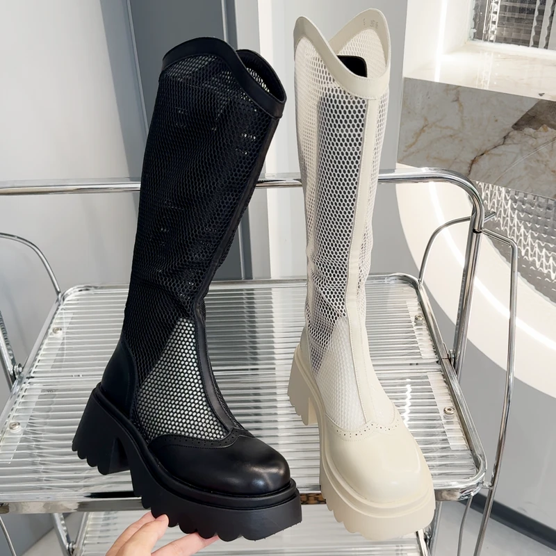 夏季2025年新款高跟网纱凉靴女透气百搭舒适防水台长筒靴子后拉链