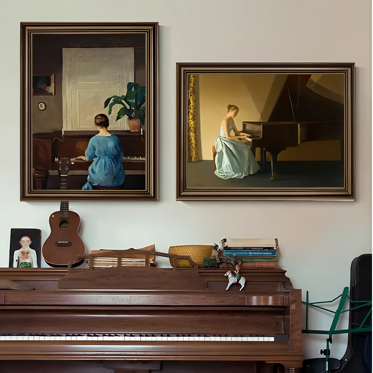 法式复古钢琴房欧式卧室床头挂画大气书房艺术壁画客厅沙发背景墙