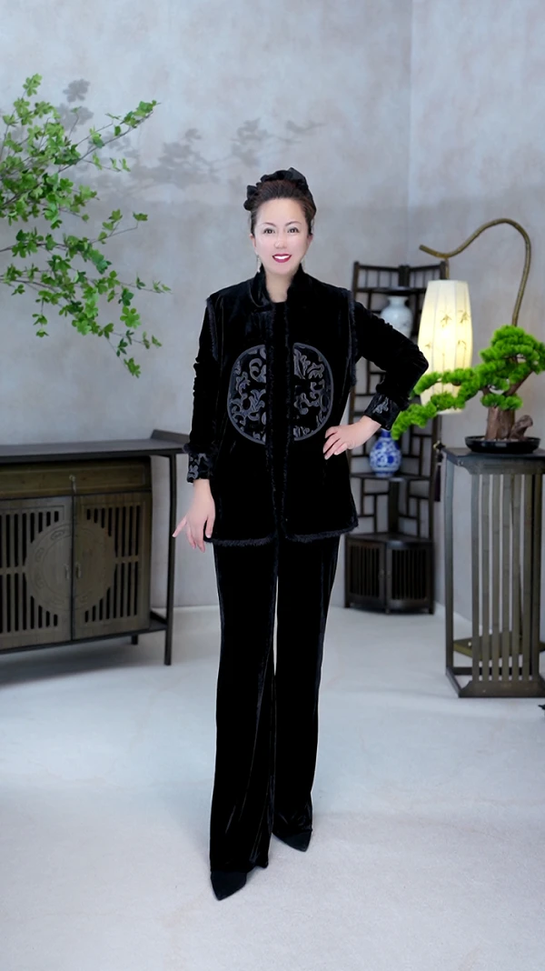 【MIAOCI】1188秋冬新品时尚复古重工刺绣黑色中国风丝绒马夹