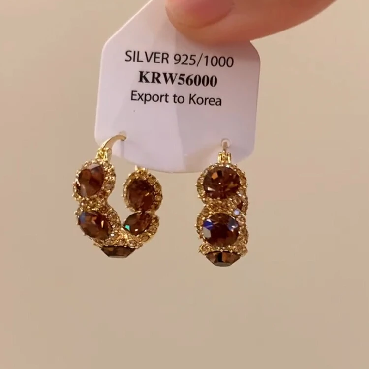 铜合金耳饰 复古美拉德闪钻圆圈耳环小众设计精致百搭个性耳饰女