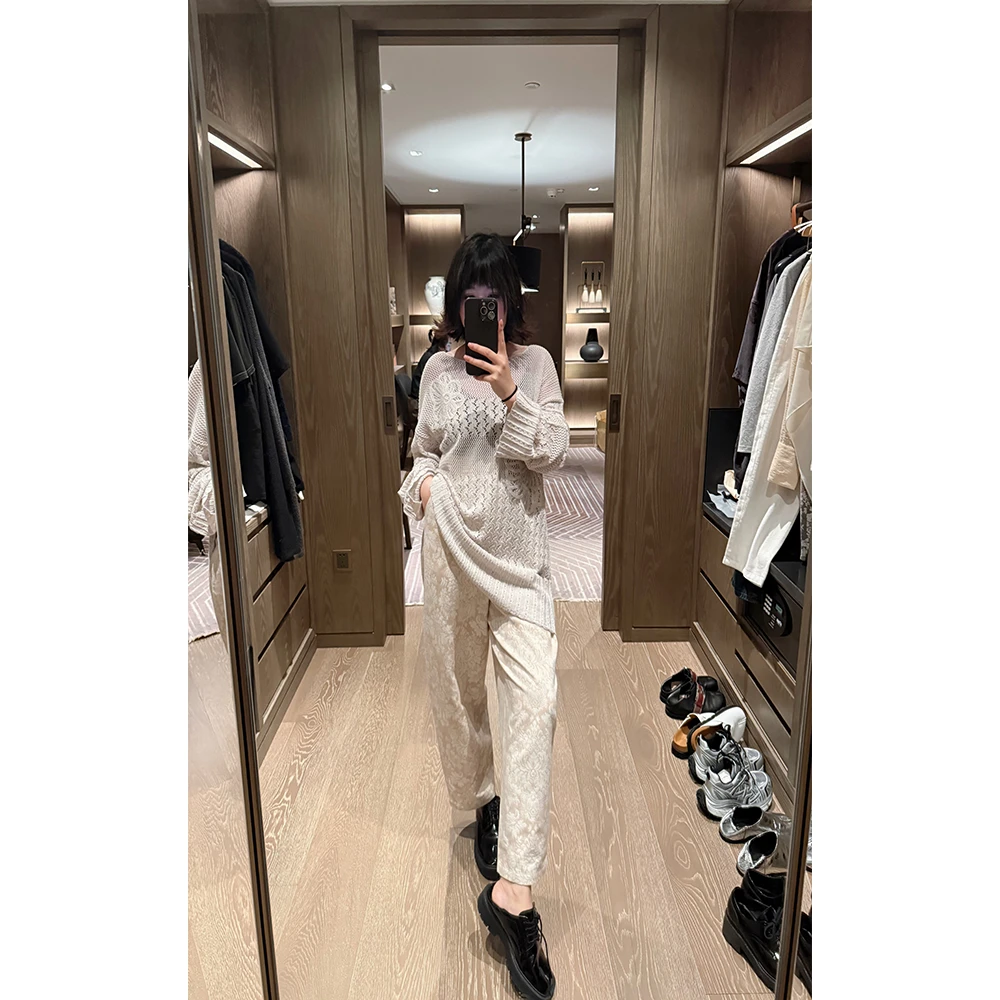 LA CALLA棉麻提花裤灰色杏色粉色花卉满提花橡胶腰头休闲裤OY1860