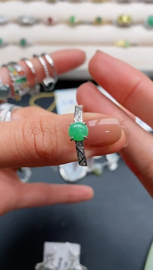 银S925镶嵌戒指翡翠天然缅甸A货翡翠33  8-2