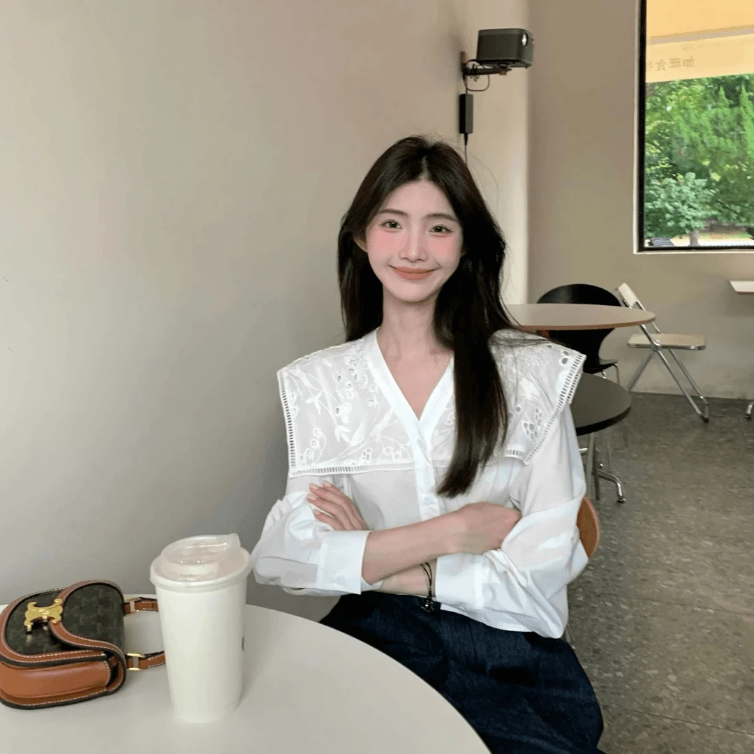 2025秋季新款韩系设计感高级感百搭翻领镂空花边长袖衬衫上衣女款
