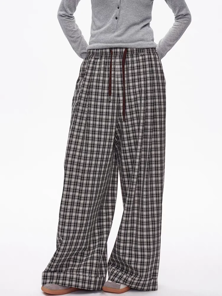 AVVENN2025夏季宽边翻折脚口轻薄垂坠格纹H型休闲裤AL31301505